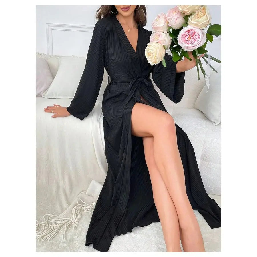 OYOANGLE Womens Long Robe Kimono Lightweight Knit V Neck Bathrobe