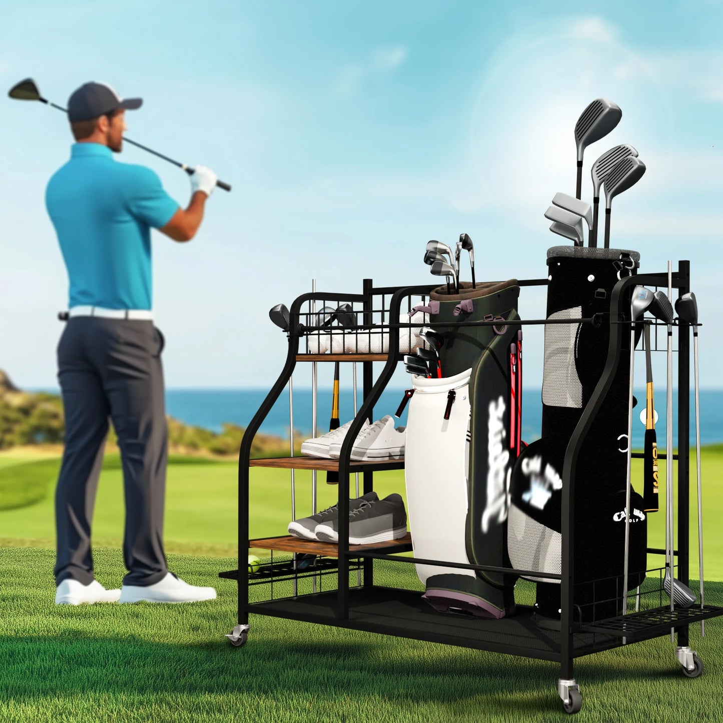 Rolling Golf Bag Storage Rack With Wheels Metal Equipment Organizer