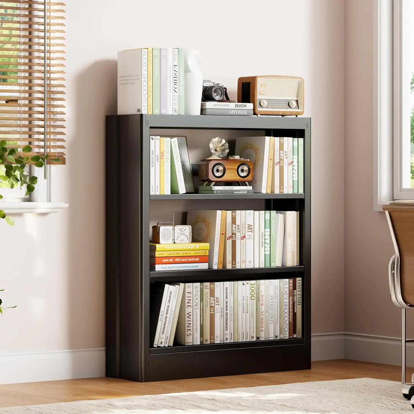 5 Tier Metal Bookcase With Adjustable Shelves And Stopper
