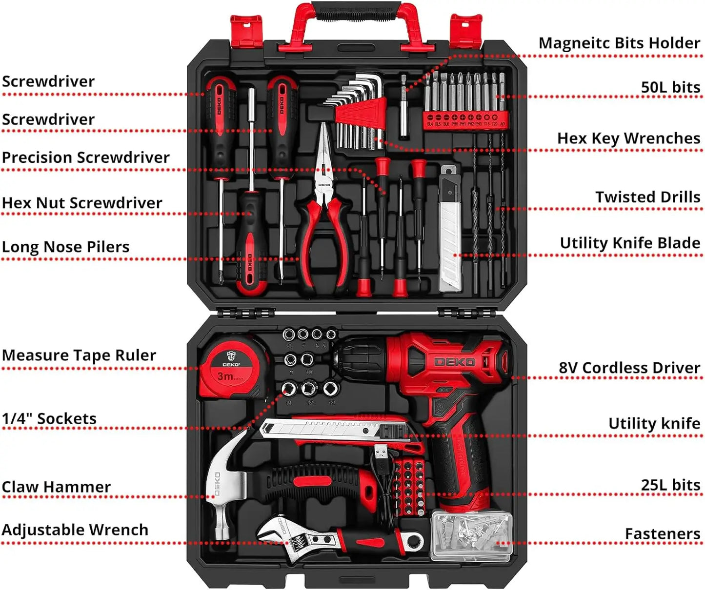 DEKOC 8V 126-Piece Cordless Drill And Home Tool Kit Set