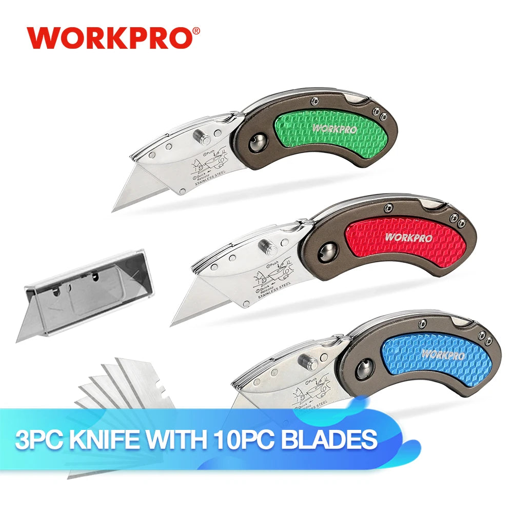 WORKPRO Folding Utility Knife With Aluminum Handle And 10 Blades