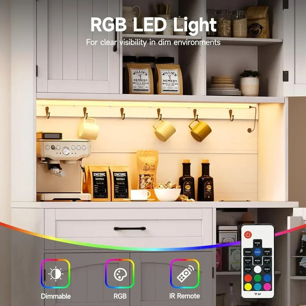 Kitchen Pantry Cabinet With LED Light And Outlet Storage Hutch