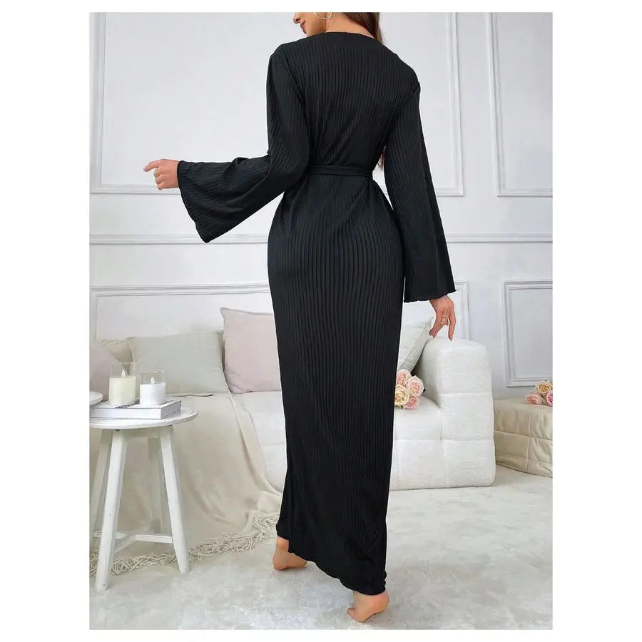 OYOANGLE Womens Long Robe Kimono Lightweight Knit V Neck Bathrobe