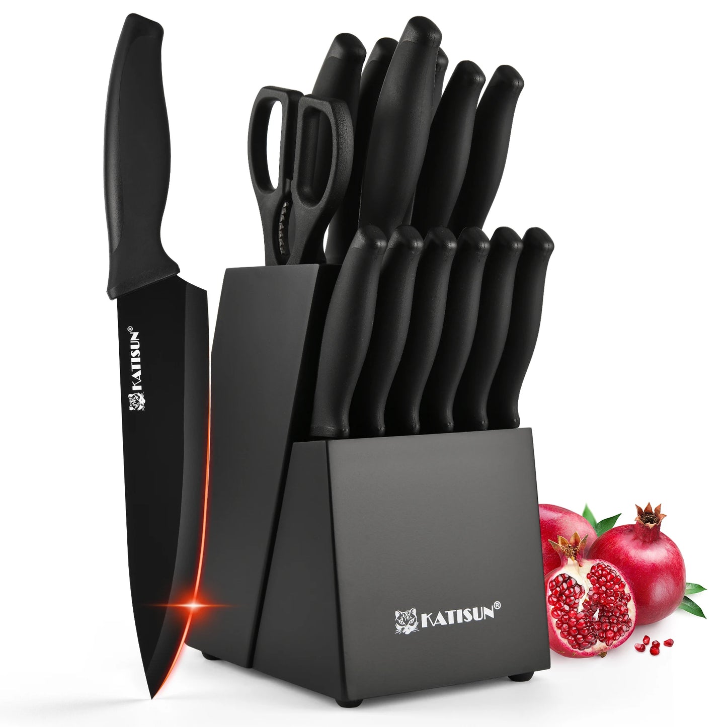 Katisun 15-Piece Carbon Steel Kitchen Knife Block Set With Sharpener