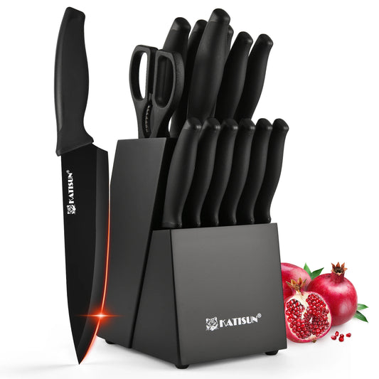 Katisun 15-Piece Carbon Steel Kitchen Knife Block Set With Sharpener
