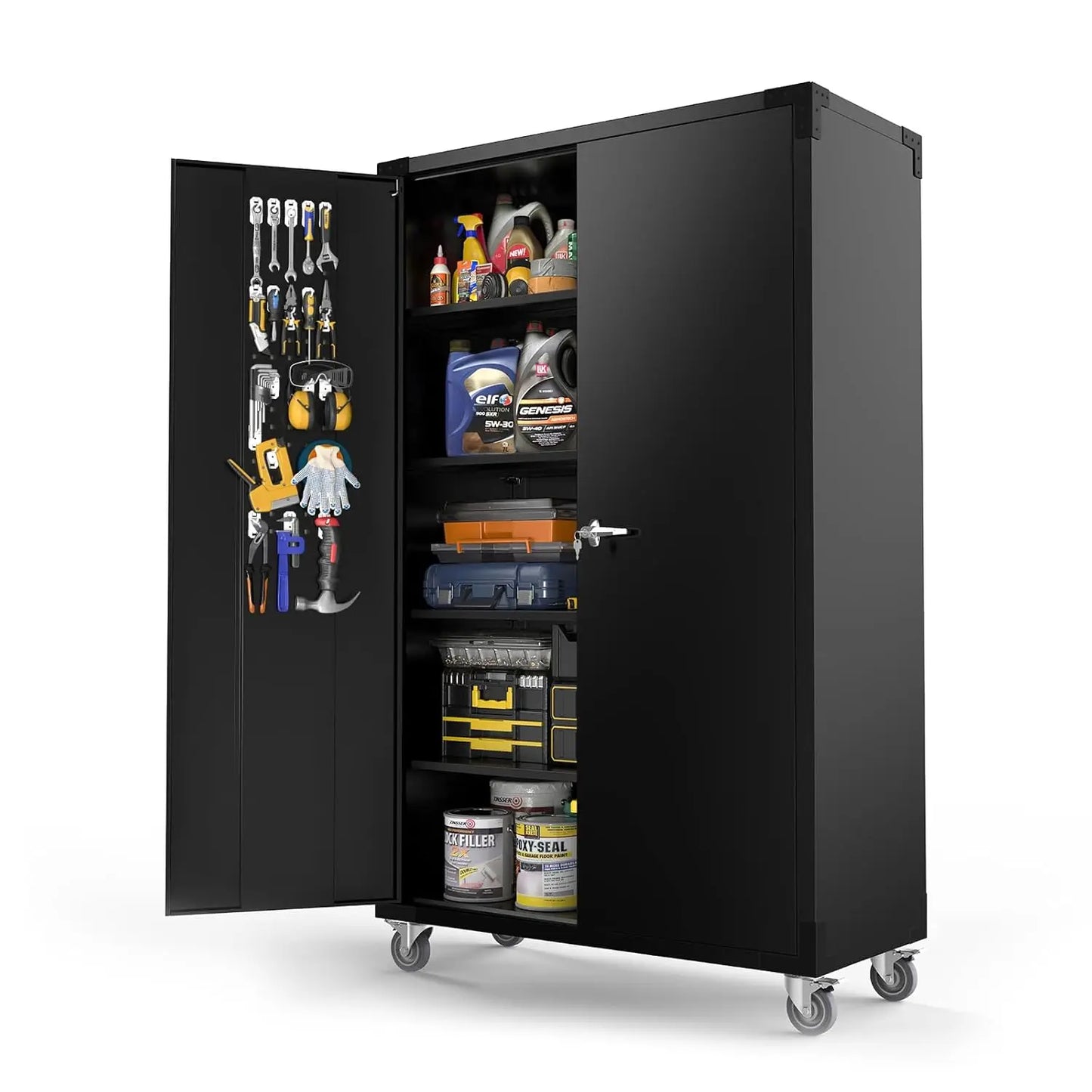 Upgraded Wide Garage Storage Cabinet With Pegboards And Locking Doors