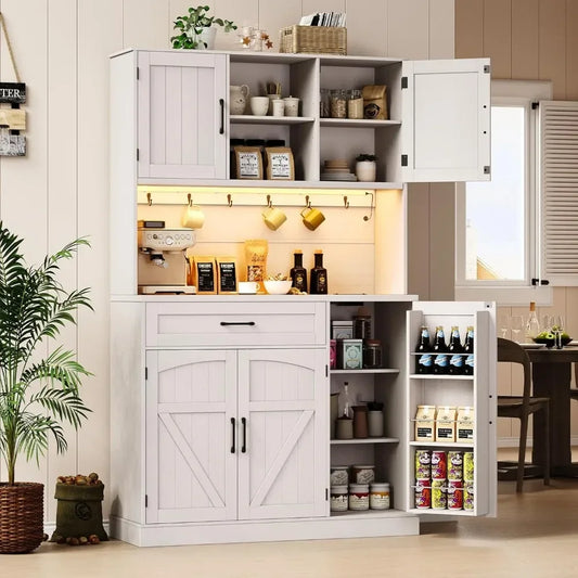 Kitchen Pantry Cabinet With LED Light And Outlet Storage Hutch