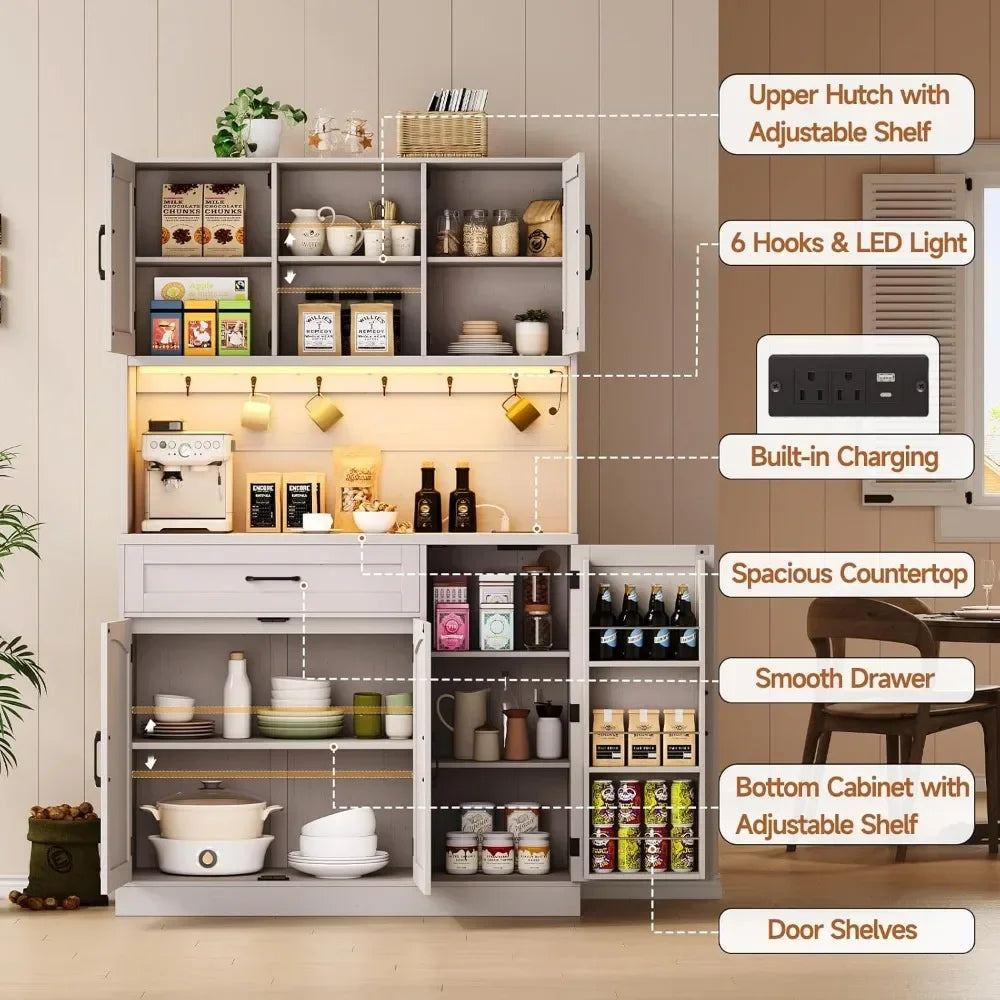 Kitchen Pantry Cabinet With LED Light And Outlet Storage Hutch