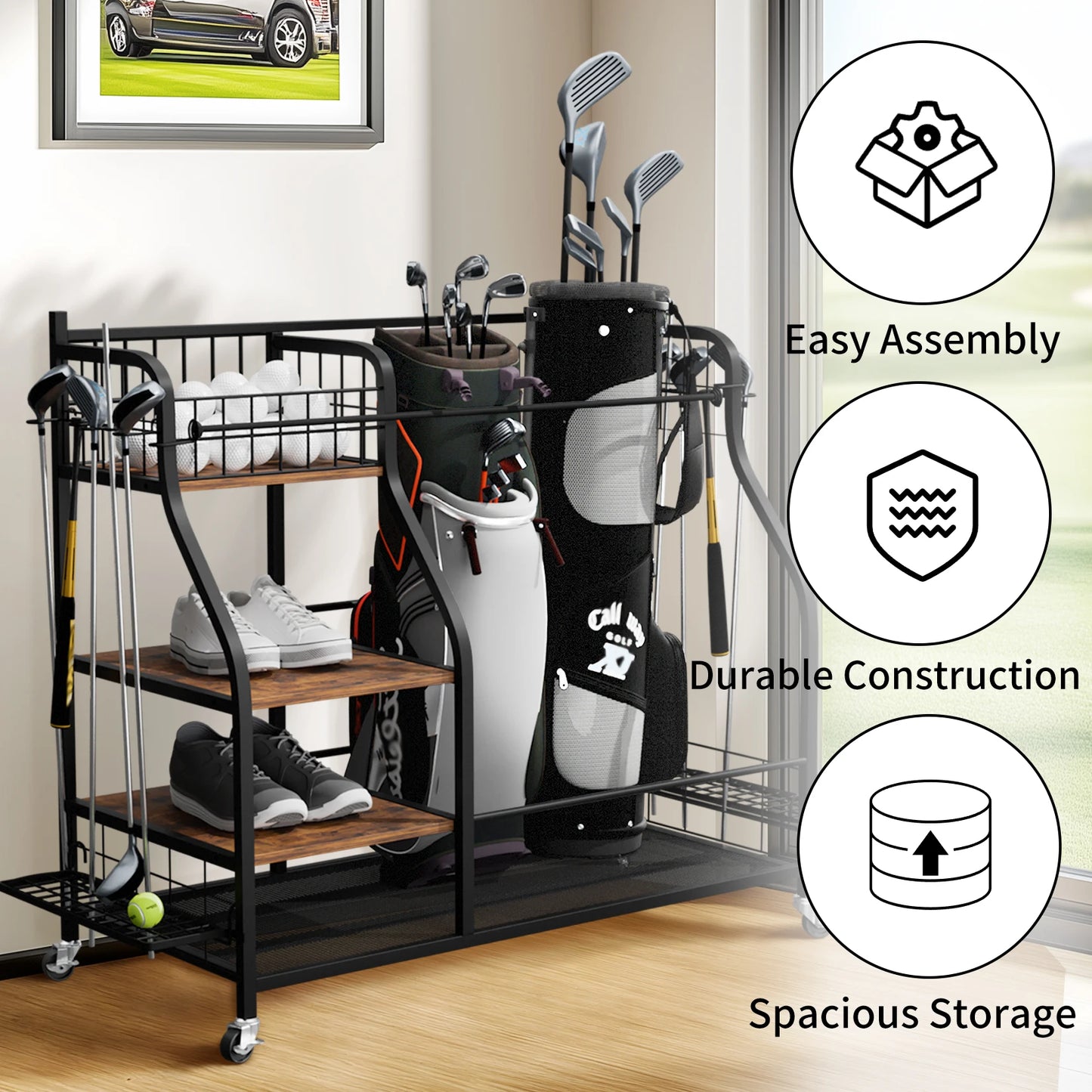 Rolling Golf Bag Storage Rack With Wheels Metal Equipment Organizer