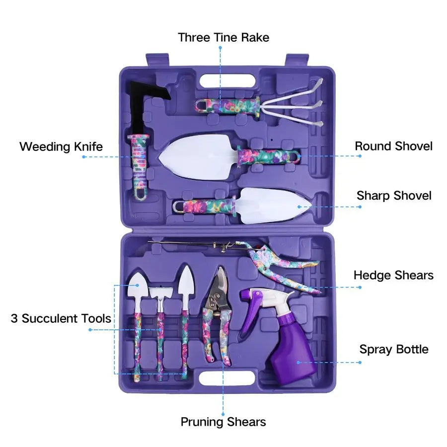Tools Set, 10 Pieces Gardening Tools with Floral Print, Ergonomic Handle Trowel Rake Weeder Pruner Shears Sprayer, Garden Hand T