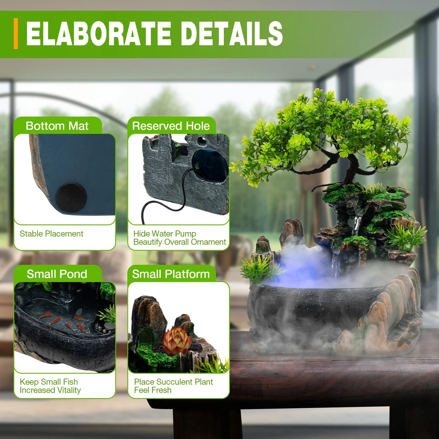 Indoor Tabletop Water Fountain With Atomizer LED Lights Pump