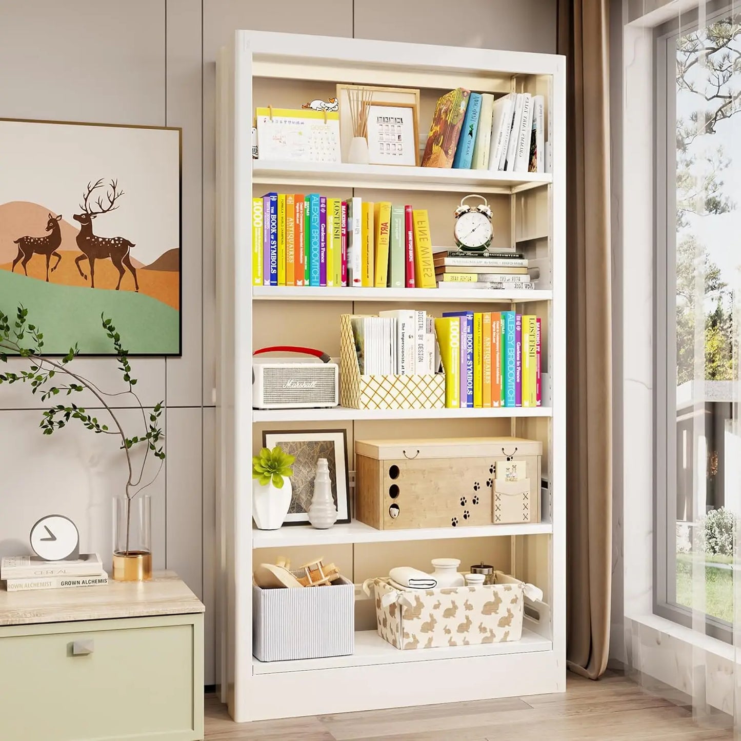 5 Tier Metal Bookcase With Adjustable Shelves And Stopper