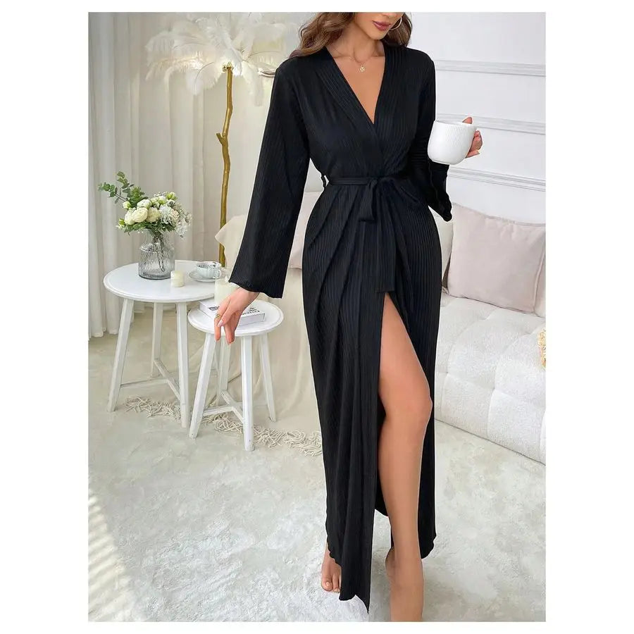 OYOANGLE Womens Long Robe Kimono Lightweight Knit V Neck Bathrobe