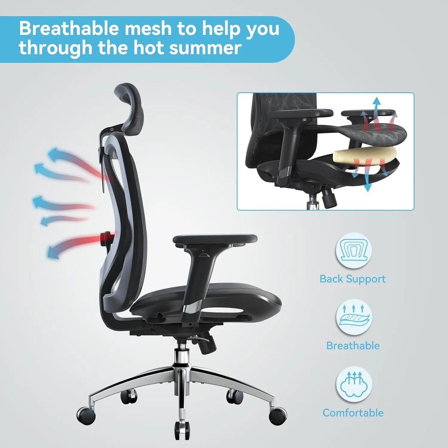 XMSJ Ergonomic Office Chair With 3 Way Armrests Lumbar Support