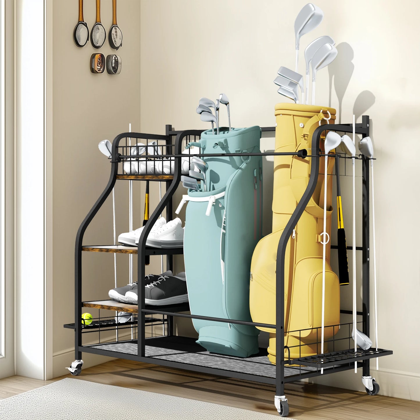 Rolling Golf Bag Storage Rack With Wheels Metal Equipment Organizer