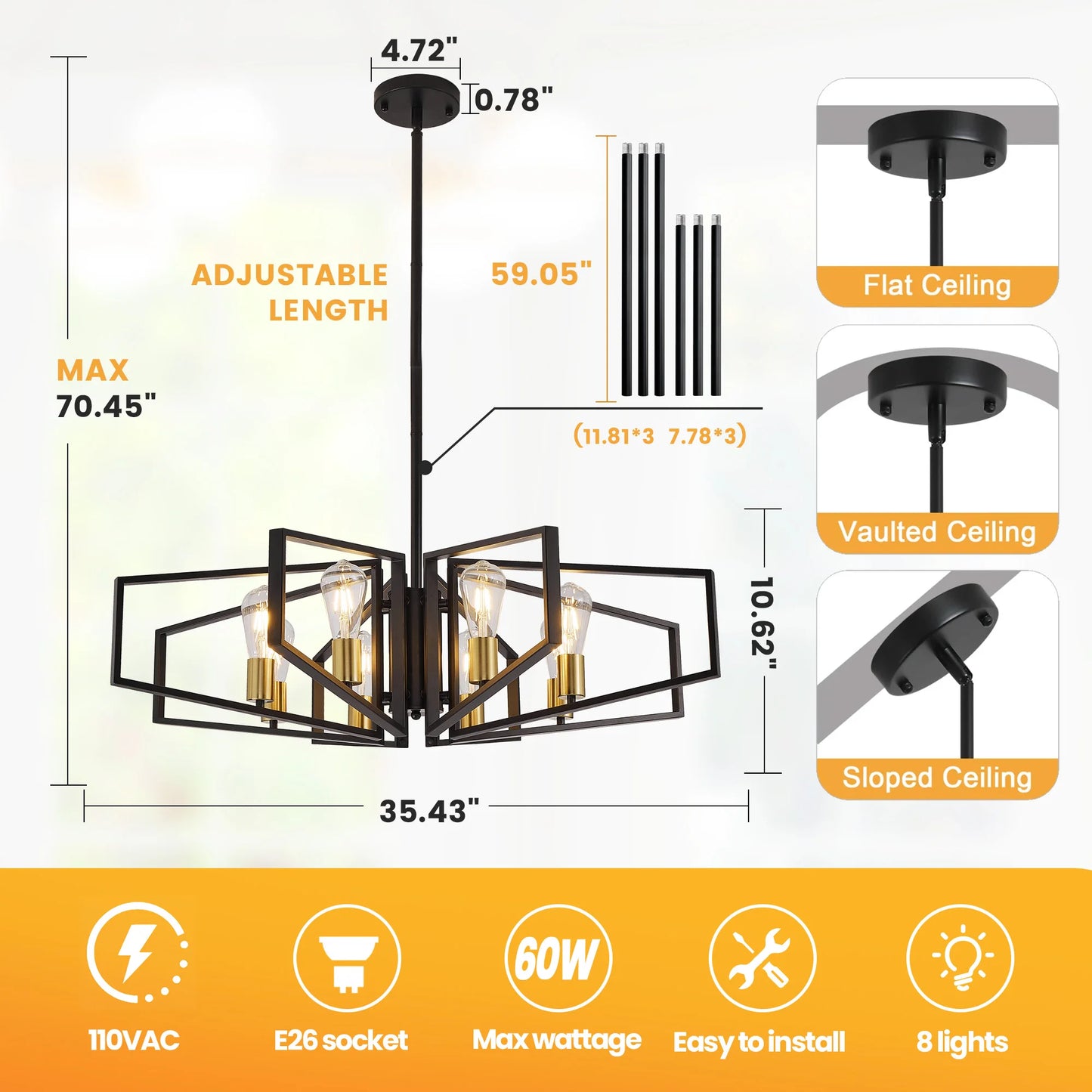 Geometric 8 Light Chandelier With Adjustable Height Iron Frame