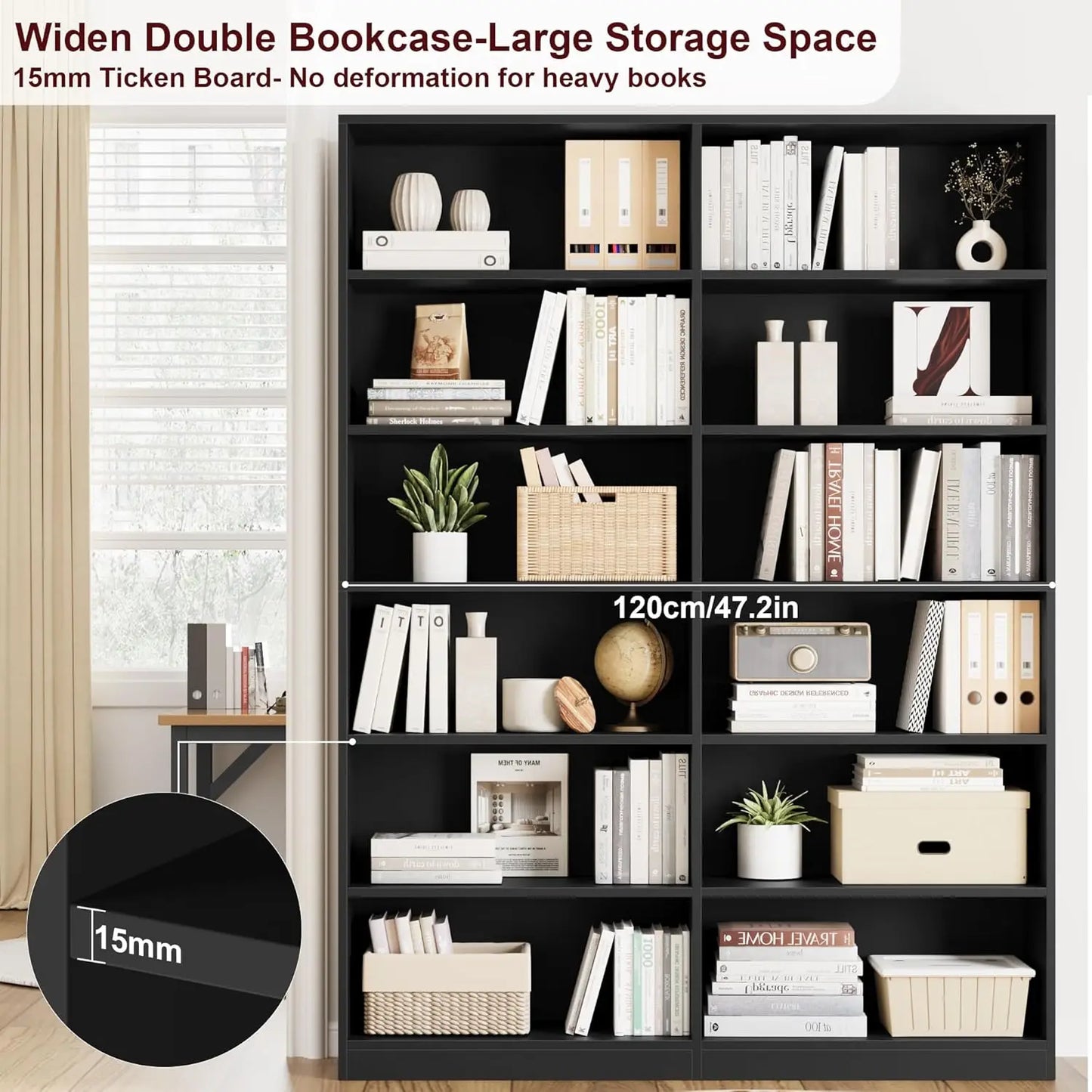 6-Tier Double Wide Bookshelf Bookcase Freestanding Storage