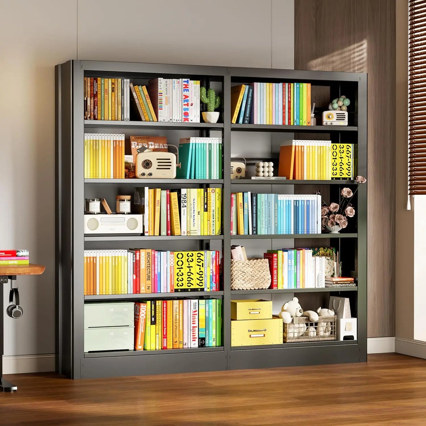 5 Tier Metal Bookcase With Adjustable Shelves And Stopper