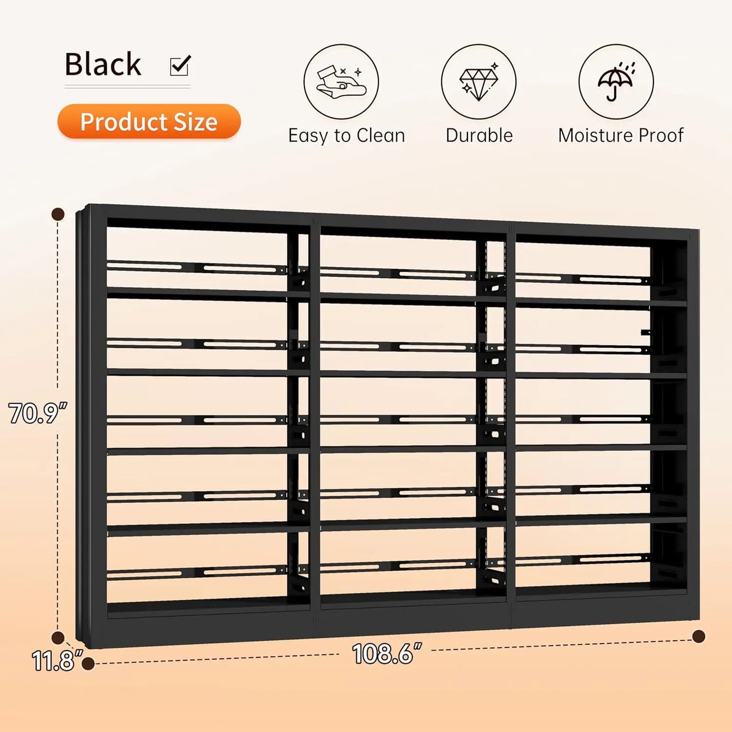 5 Tier Metal Bookcase With Adjustable Shelves And Stopper