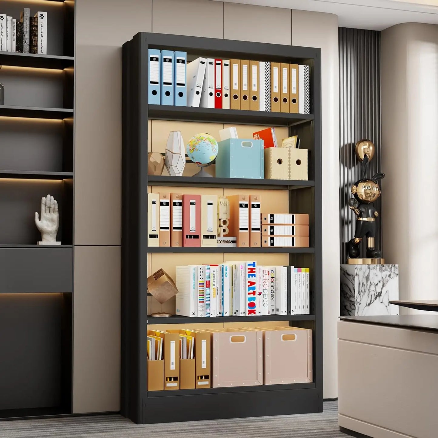 5 Tier Metal Bookcase With Adjustable Shelves And Stopper