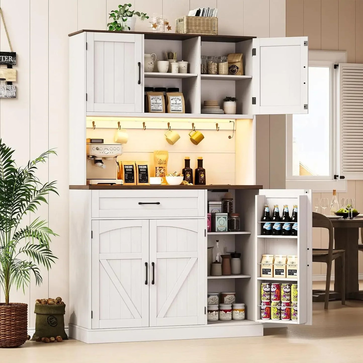 Kitchen Pantry Cabinet With LED Light And Outlet Storage Hutch
