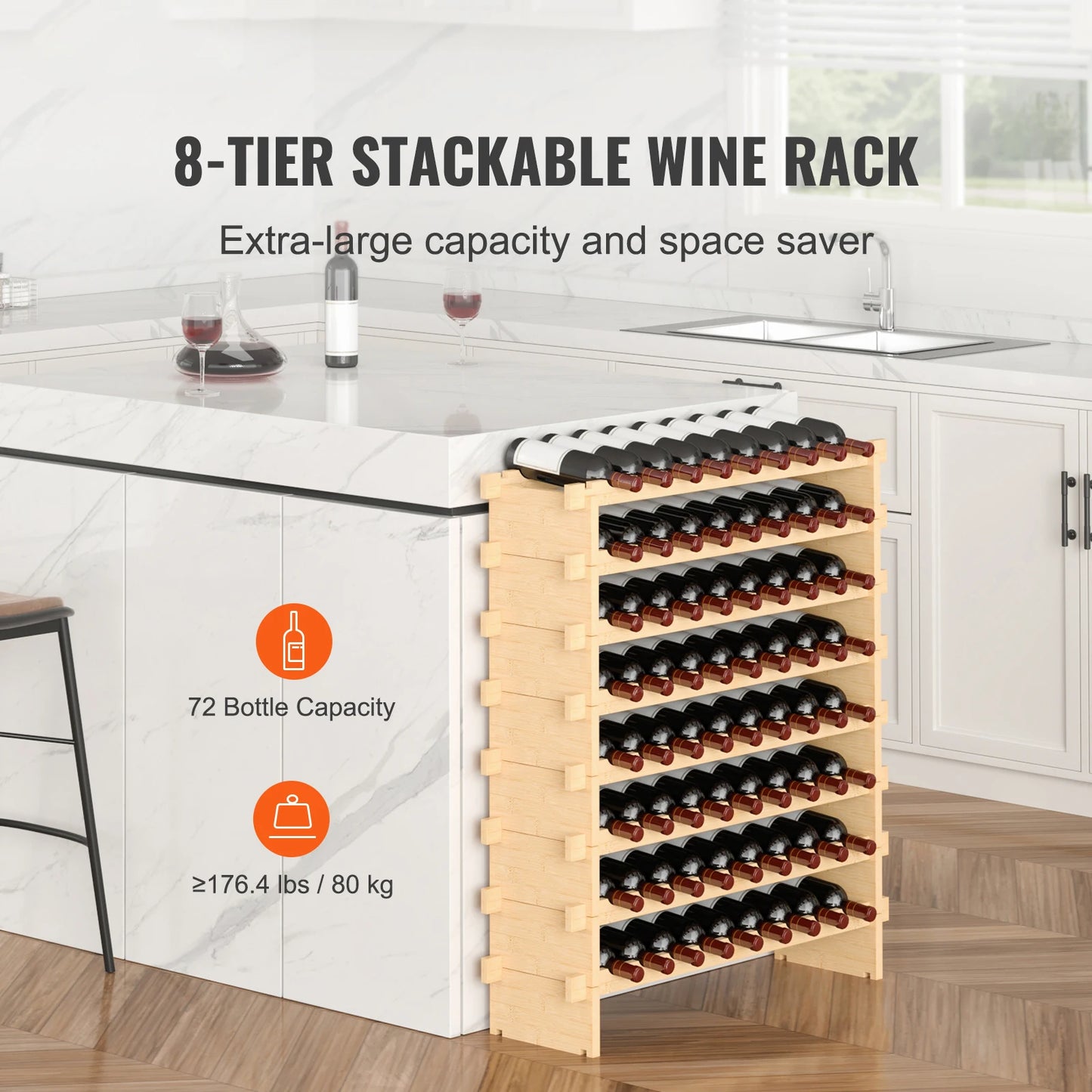 SucceBuy Bamboo Free Standing Eight Tier Stackable Wine Rack