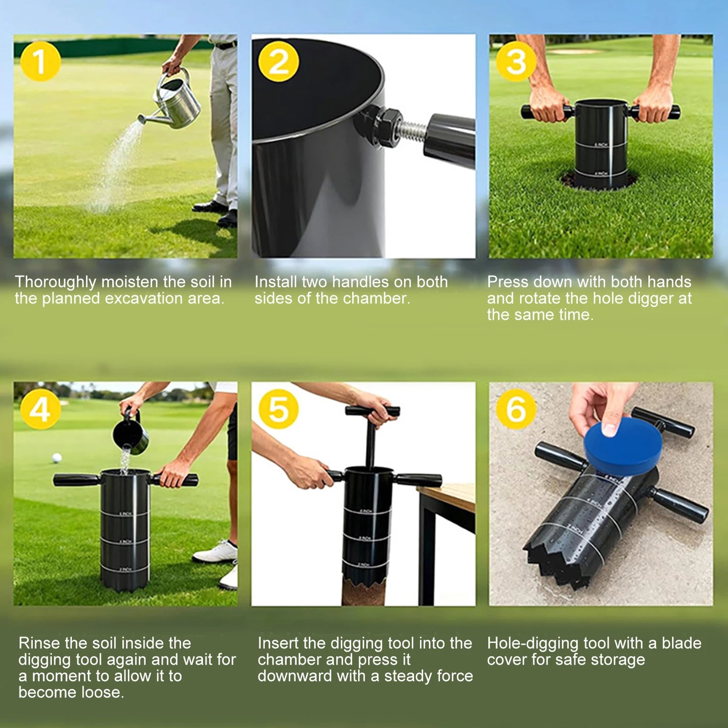 Golf Cup Cutter with Detachable Handle Carbon Steel USGA Standard 2In 4In and 6In for Backyard Lawn Garden Training