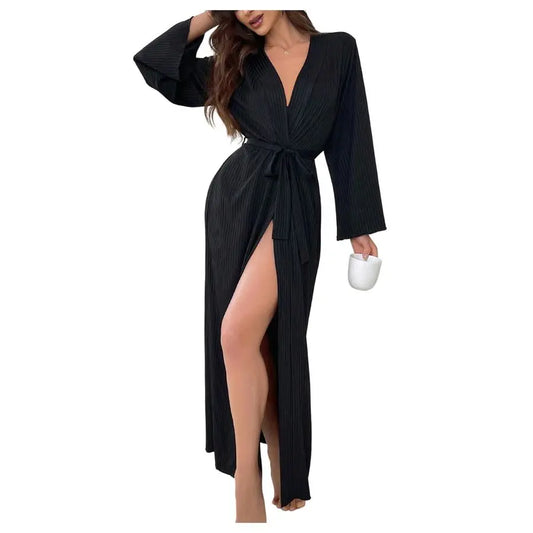 OYOANGLE Womens Long Robe Kimono Lightweight Knit V Neck Bathrobe