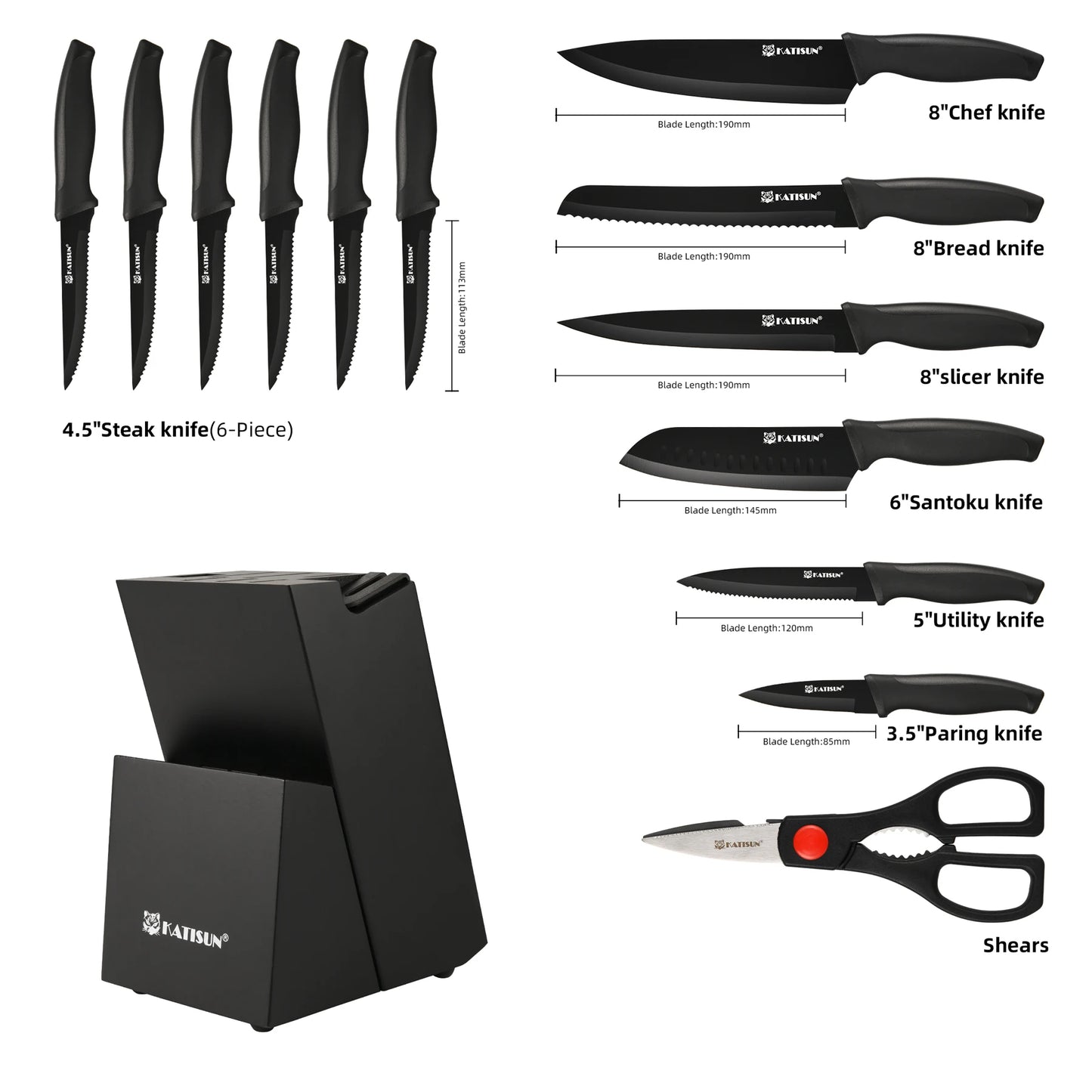Katisun 15-Piece Carbon Steel Kitchen Knife Block Set With Sharpener