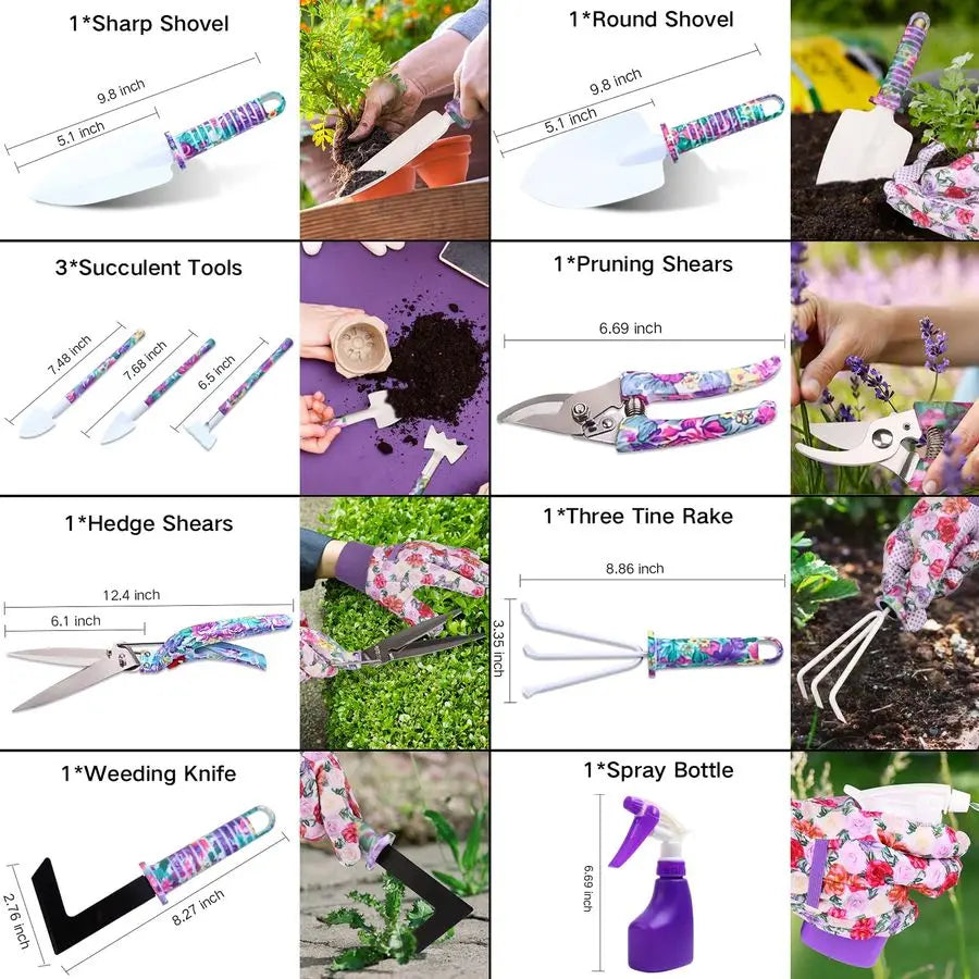 Tools Set, 10 Pieces Gardening Tools with Floral Print, Ergonomic Handle Trowel Rake Weeder Pruner Shears Sprayer, Garden Hand T