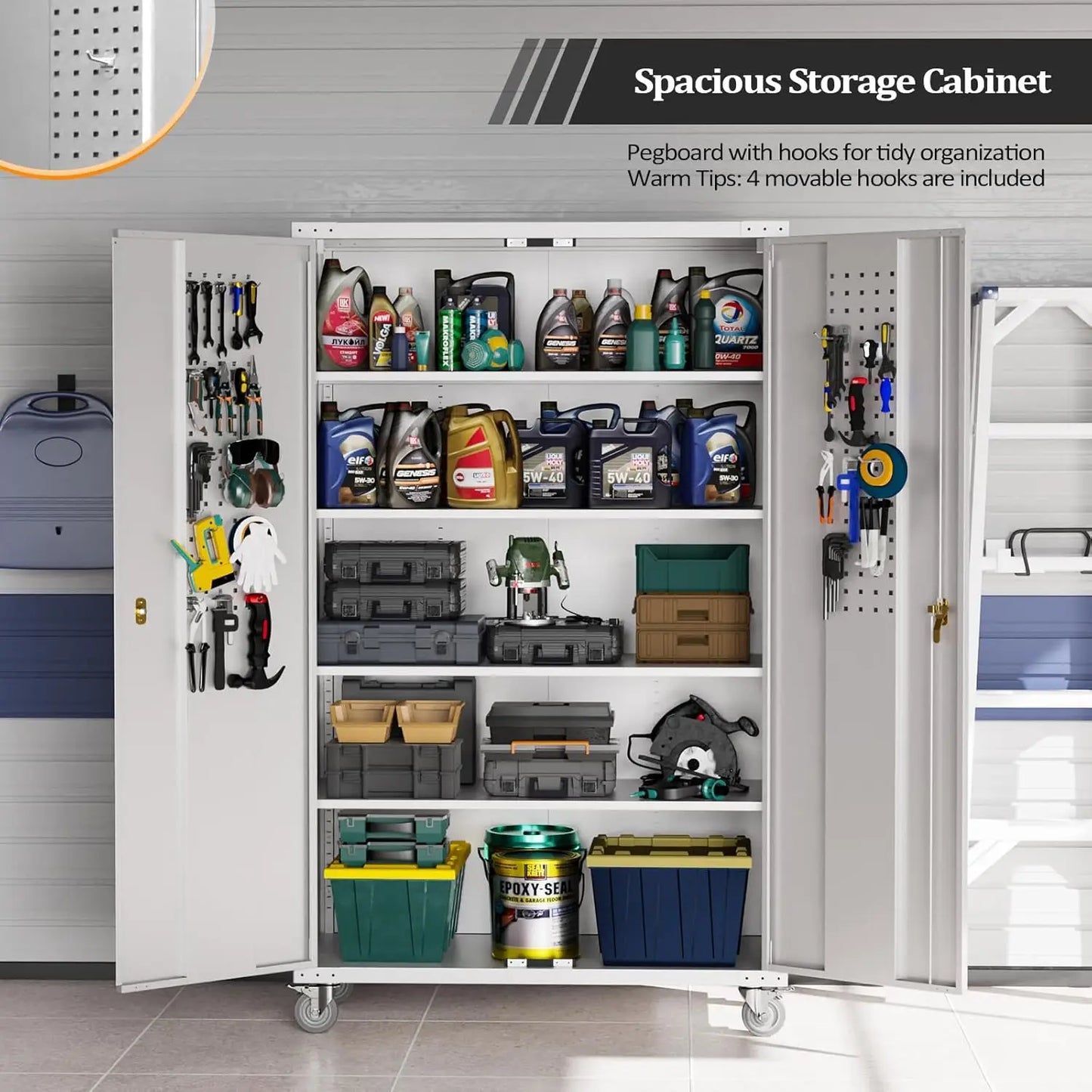 Upgraded Wide Garage Storage Cabinet With Pegboards And Locking Doors