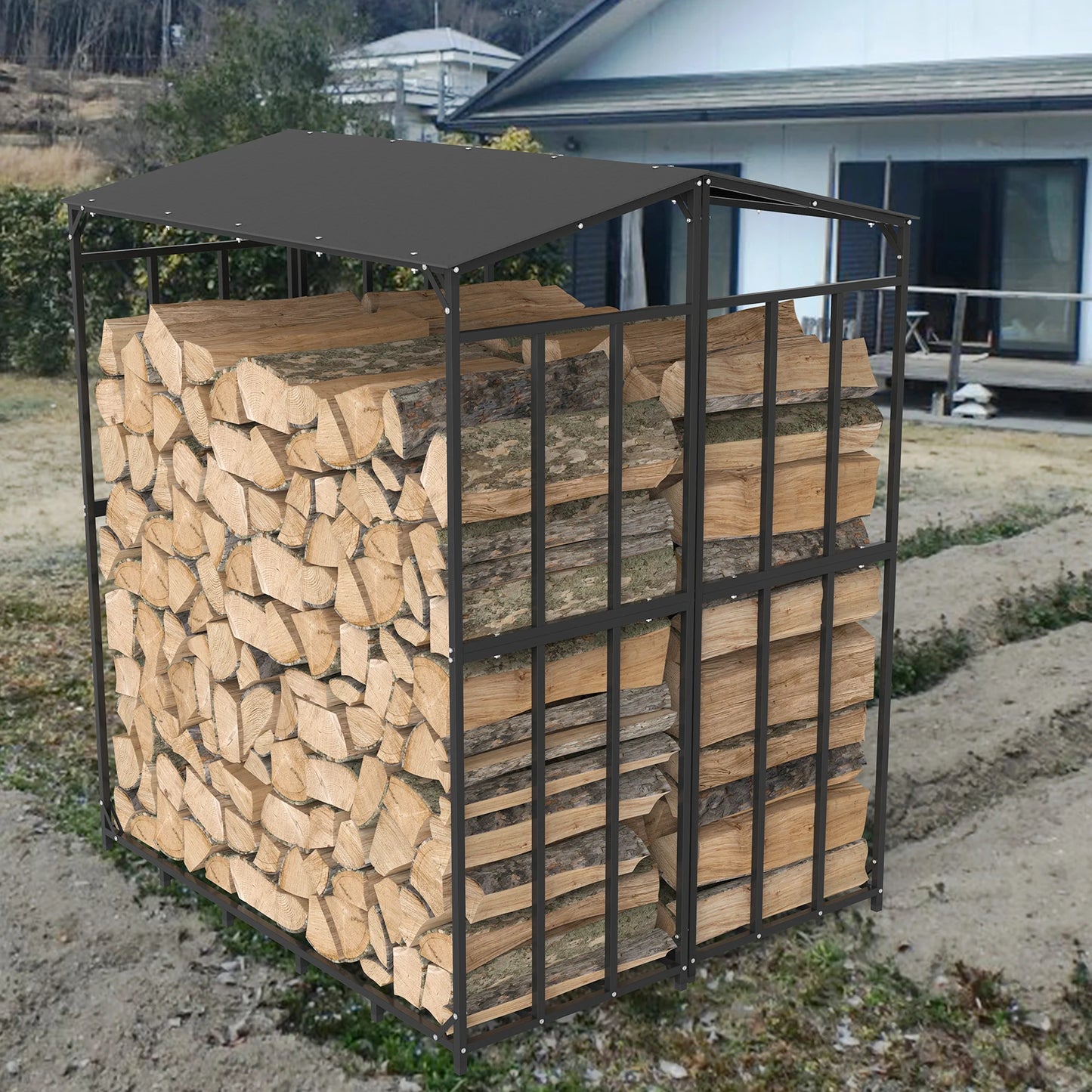 Outdoor Firewood Rack With Cover Heavy Duty Iron Stand