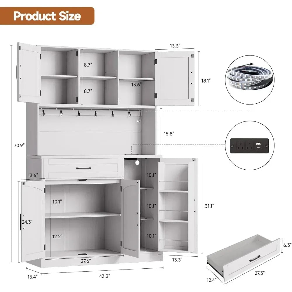 Kitchen Pantry Cabinet With LED Light And Outlet Storage Hutch