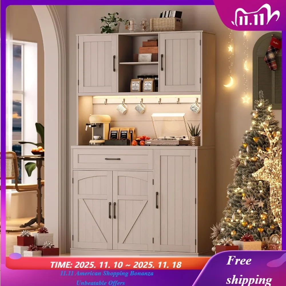 Kitchen Pantry Cabinet With LED Light And Outlet Storage Hutch