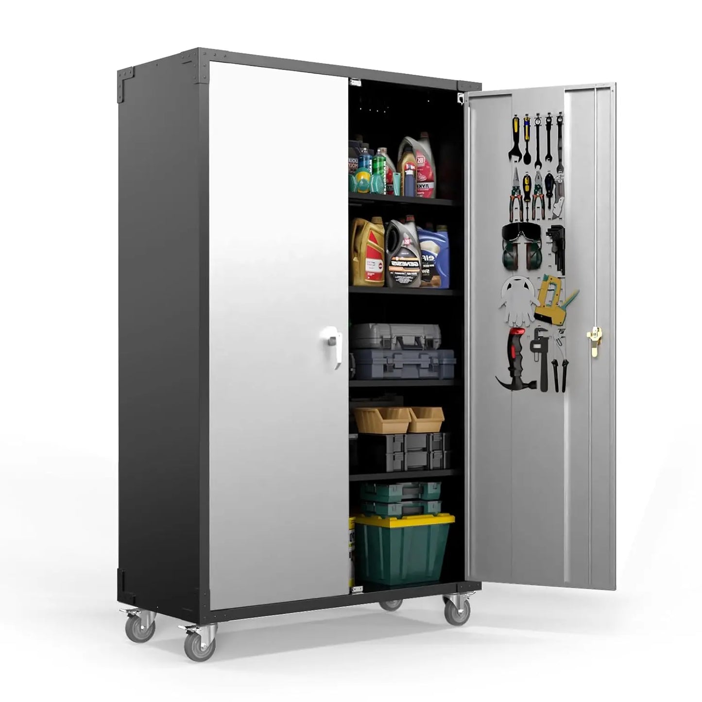 Upgraded Wide Garage Storage Cabinet With Pegboards And Locking Doors