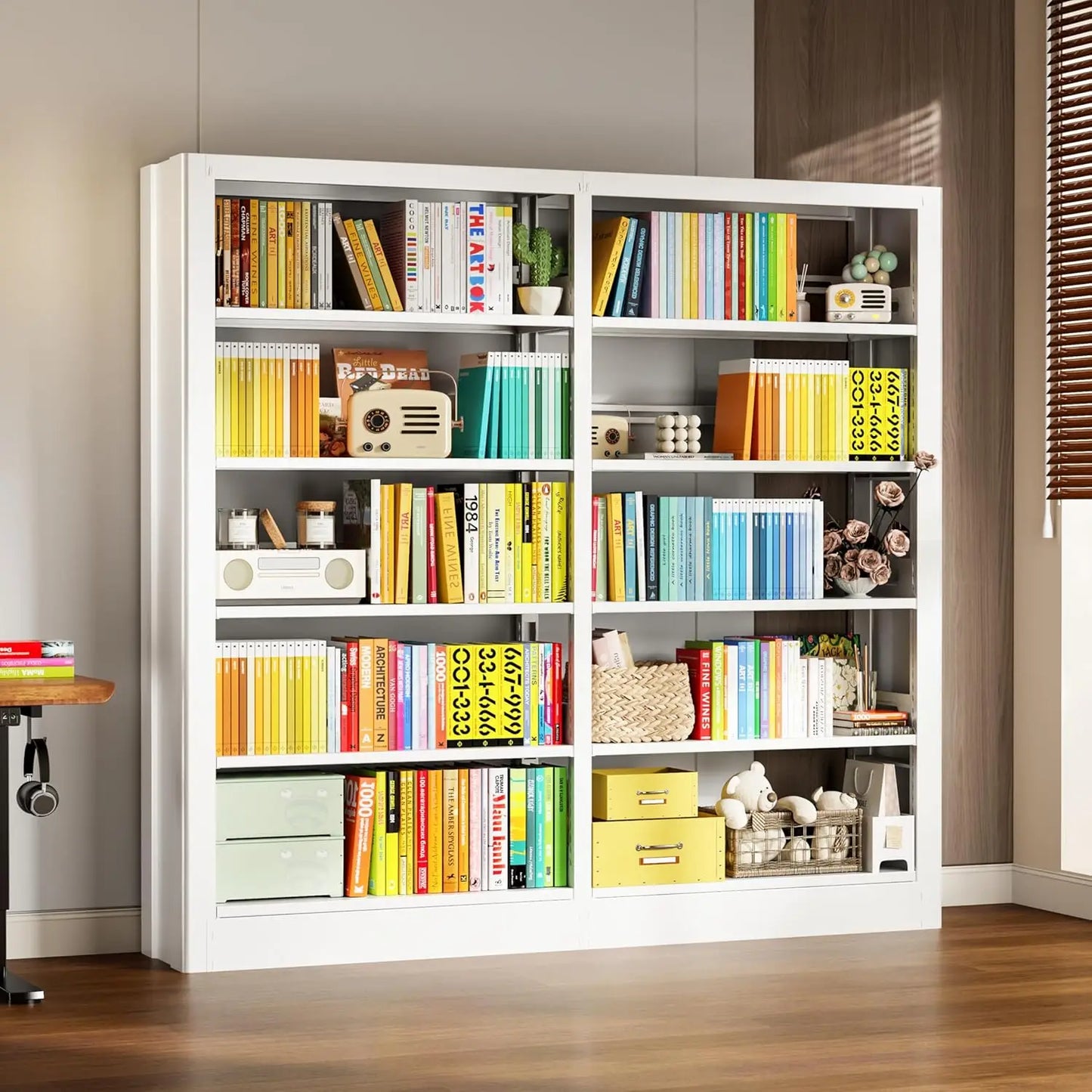 5 Tier Metal Bookcase With Adjustable Shelves And Stopper