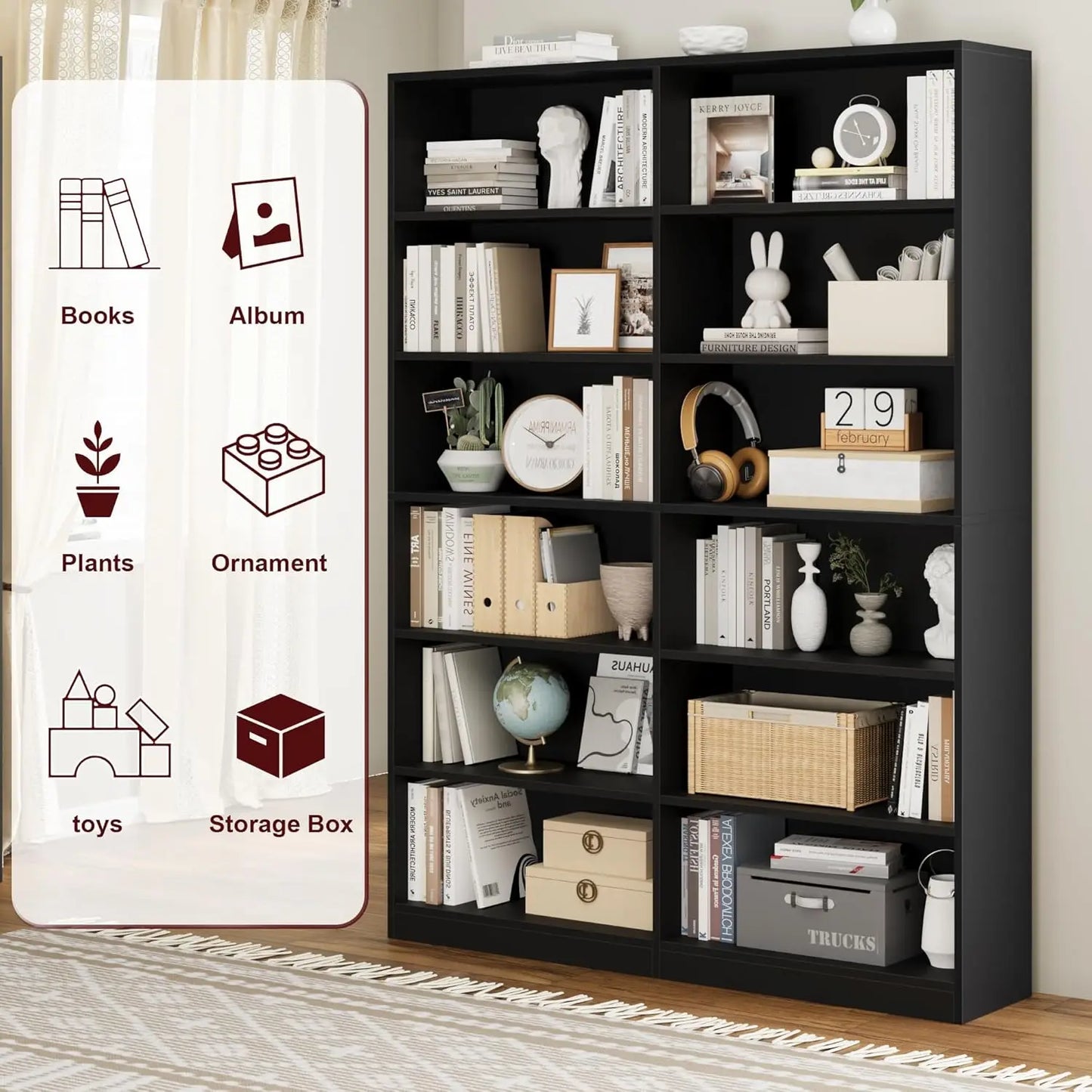 6-Tier Double Wide Bookshelf Bookcase Freestanding Storage