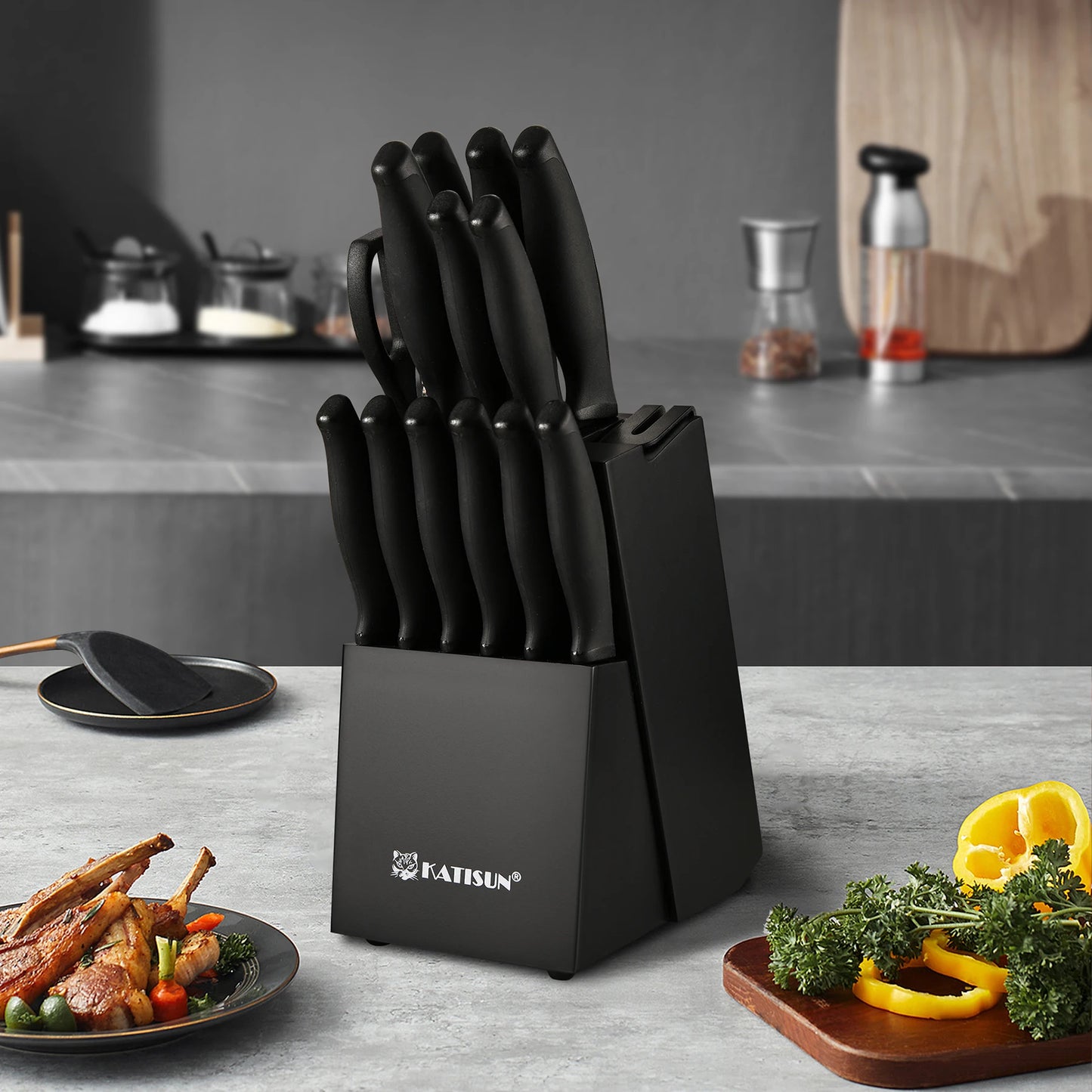Katisun 15-Piece Carbon Steel Kitchen Knife Block Set With Sharpener