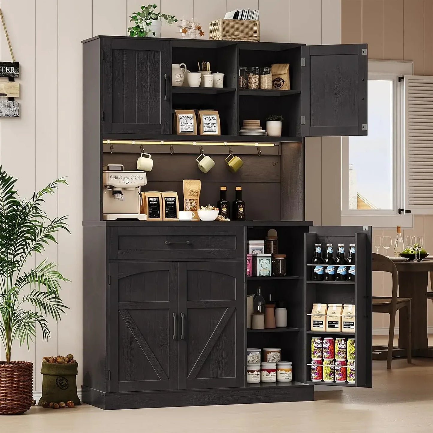 Kitchen Pantry Cabinet With LED Light And Outlet Storage Hutch