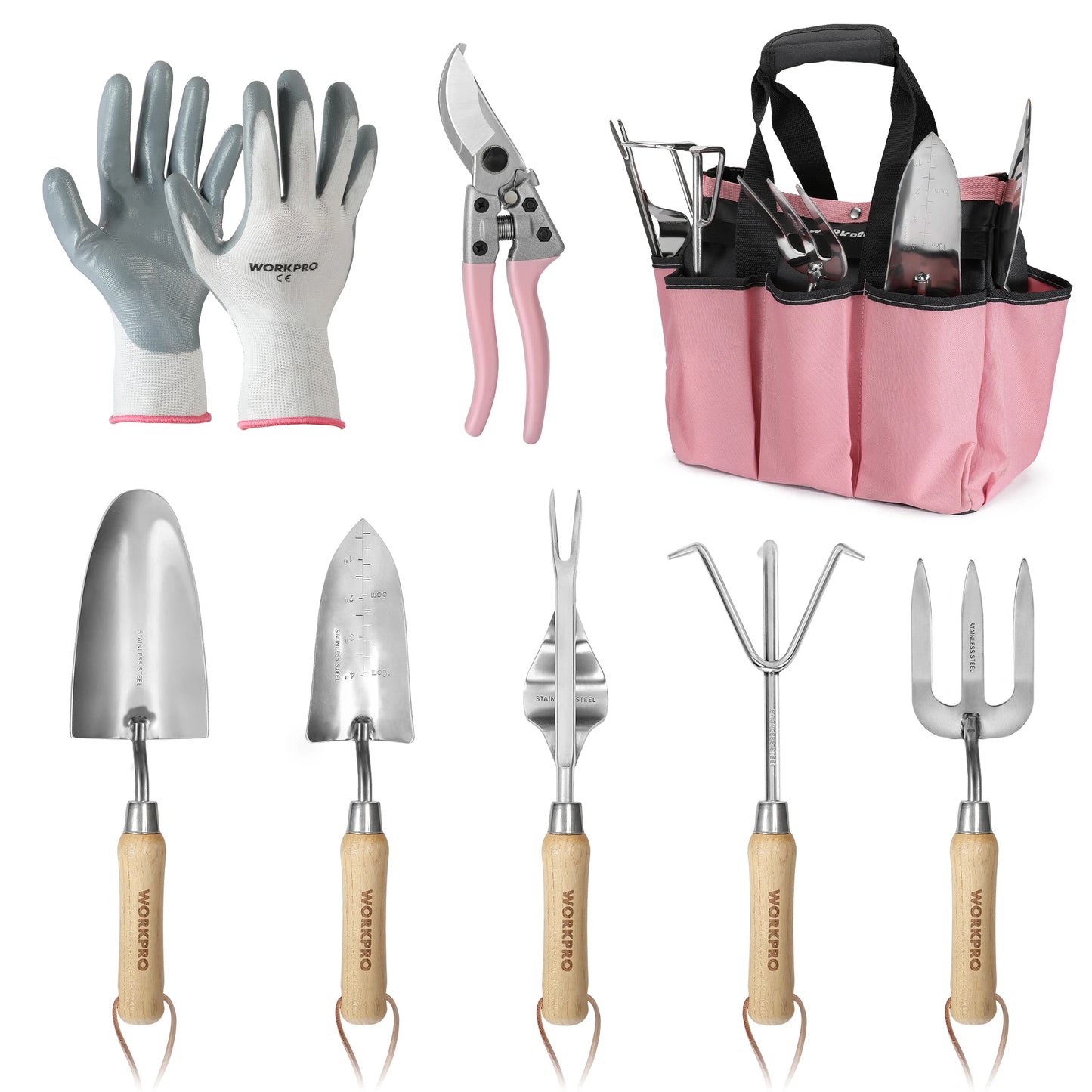 WORKPRO 8-Piece Garden Tool Set With Wood Handle And Tote
