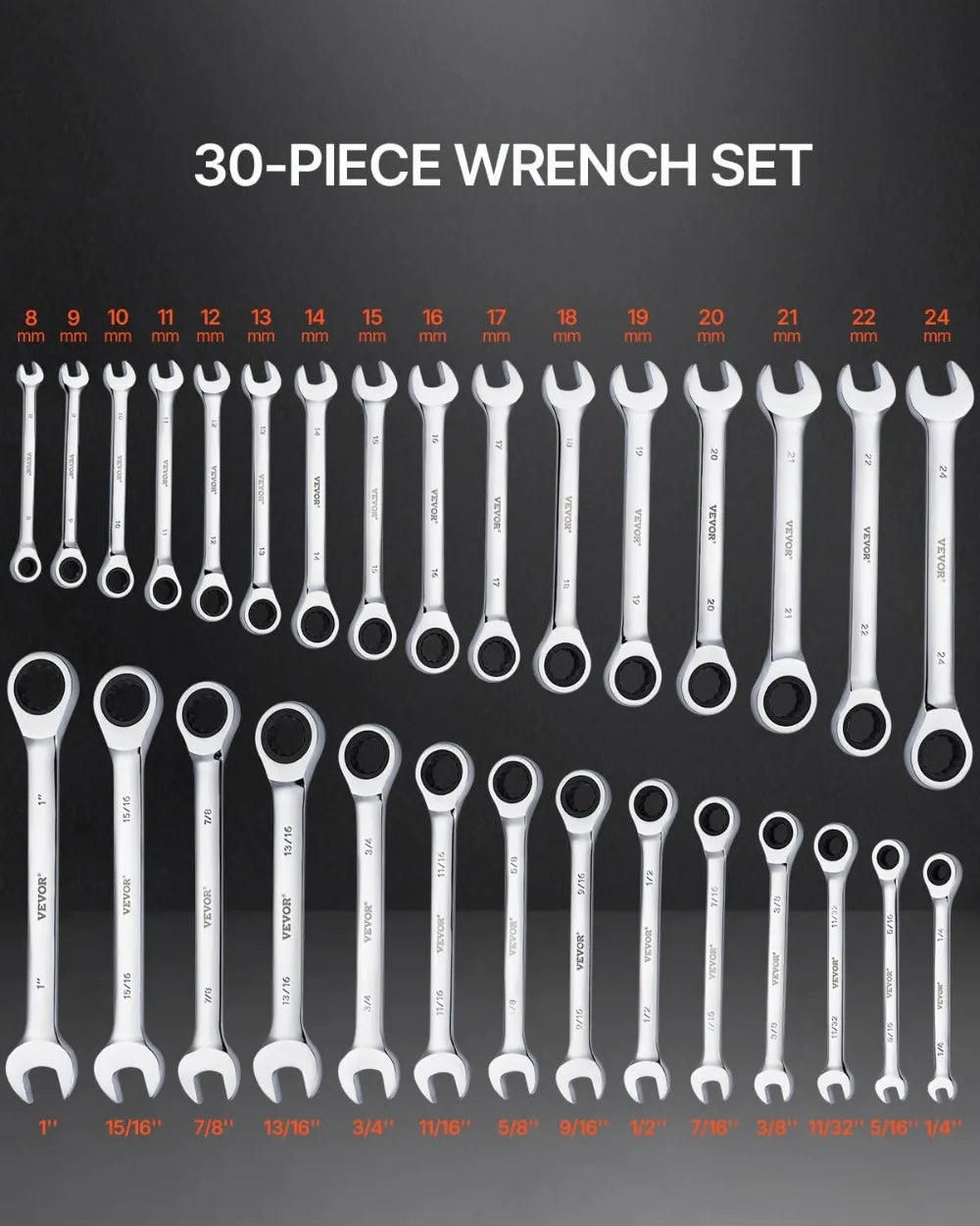 30-Piece Ratcheting Wrench Set with Organizer, Cr-V Steel SAE 1/4" to 1", Metric 8-24mm for Household, Garage, Workshop