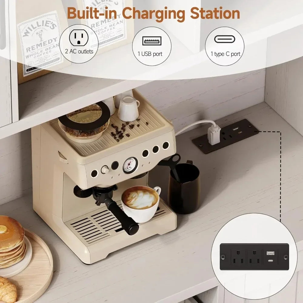 Kitchen Pantry Cabinet With LED Light And Outlet Storage Hutch