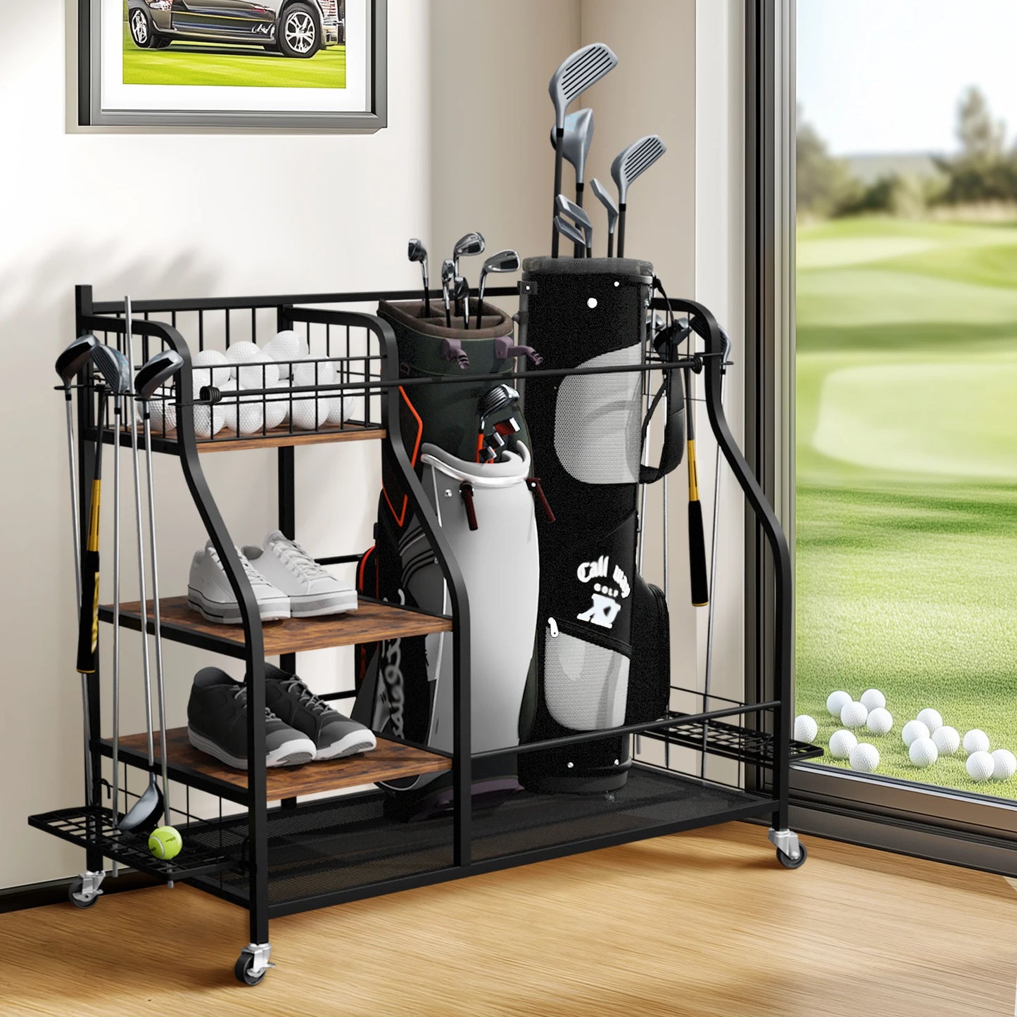 Rolling Golf Bag Storage Rack With Wheels Metal Equipment Organizer