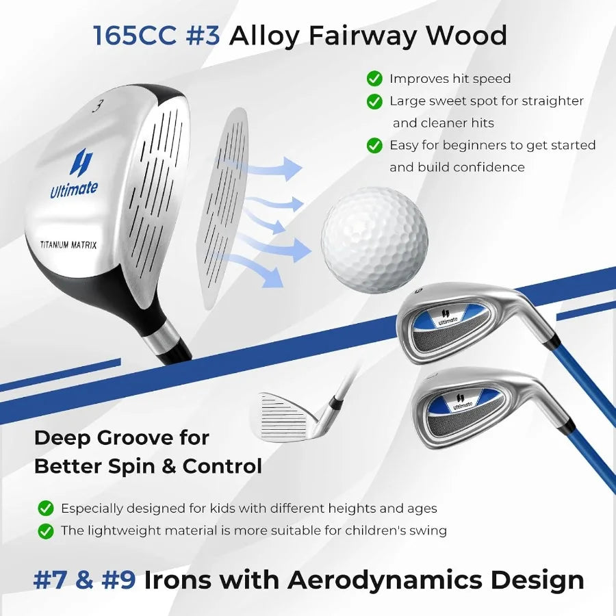 Complete Golf Club Set with Stand Bag for Right-Handed Junior Players Featuring 205cc 3 Fairway Wood 7 and 9 Irons Putter Foame