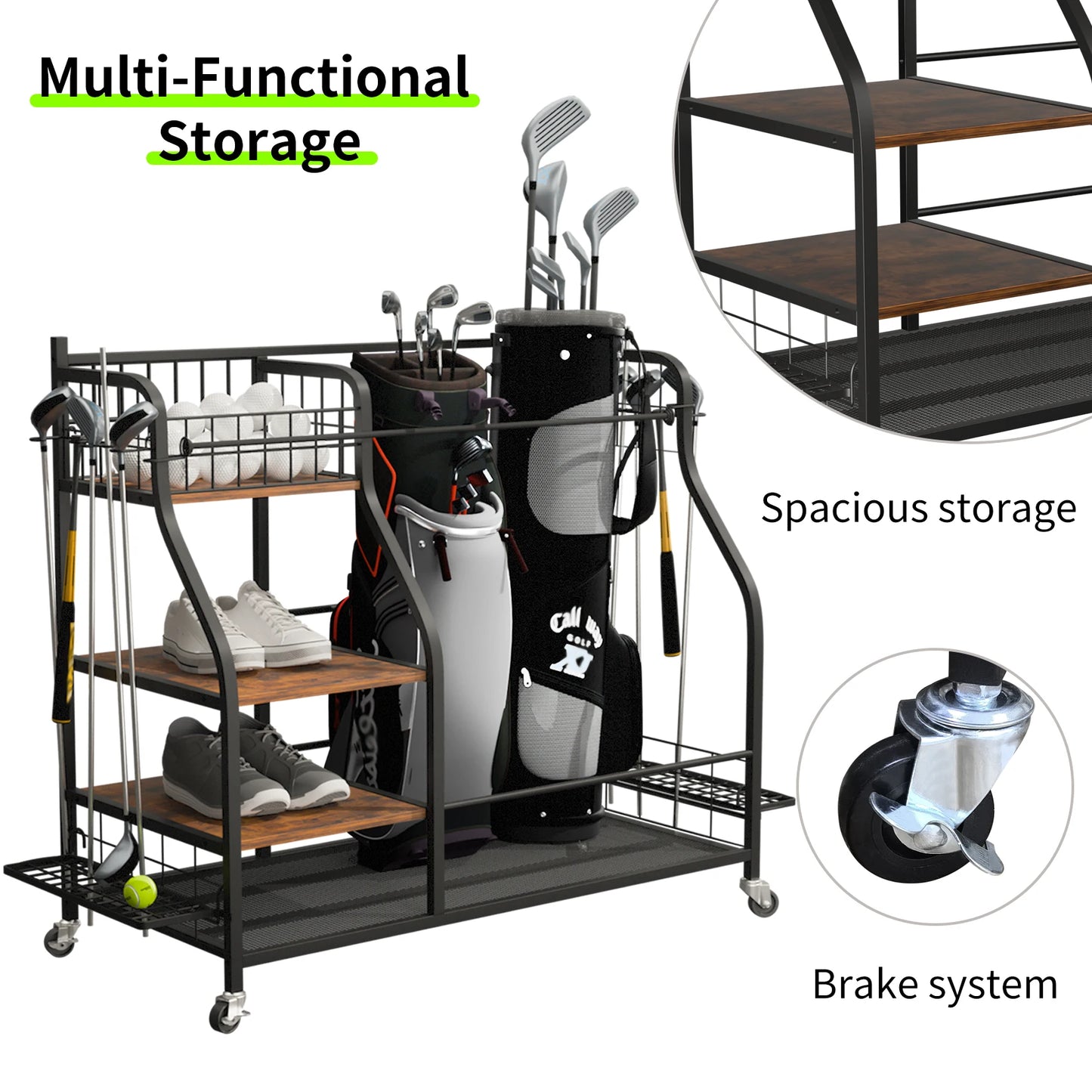 Rolling Golf Bag Storage Rack With Wheels Metal Equipment Organizer
