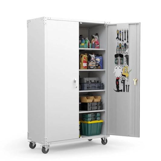 Upgraded Wide Garage Storage Cabinet With Pegboards And Locking Doors