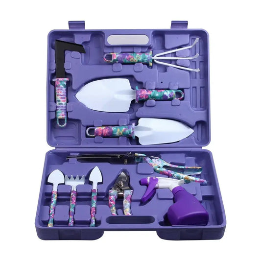 Tools Set, 10 Pieces Gardening Tools with Floral Print, Ergonomic Handle Trowel Rake Weeder Pruner Shears Sprayer, Garden Hand T